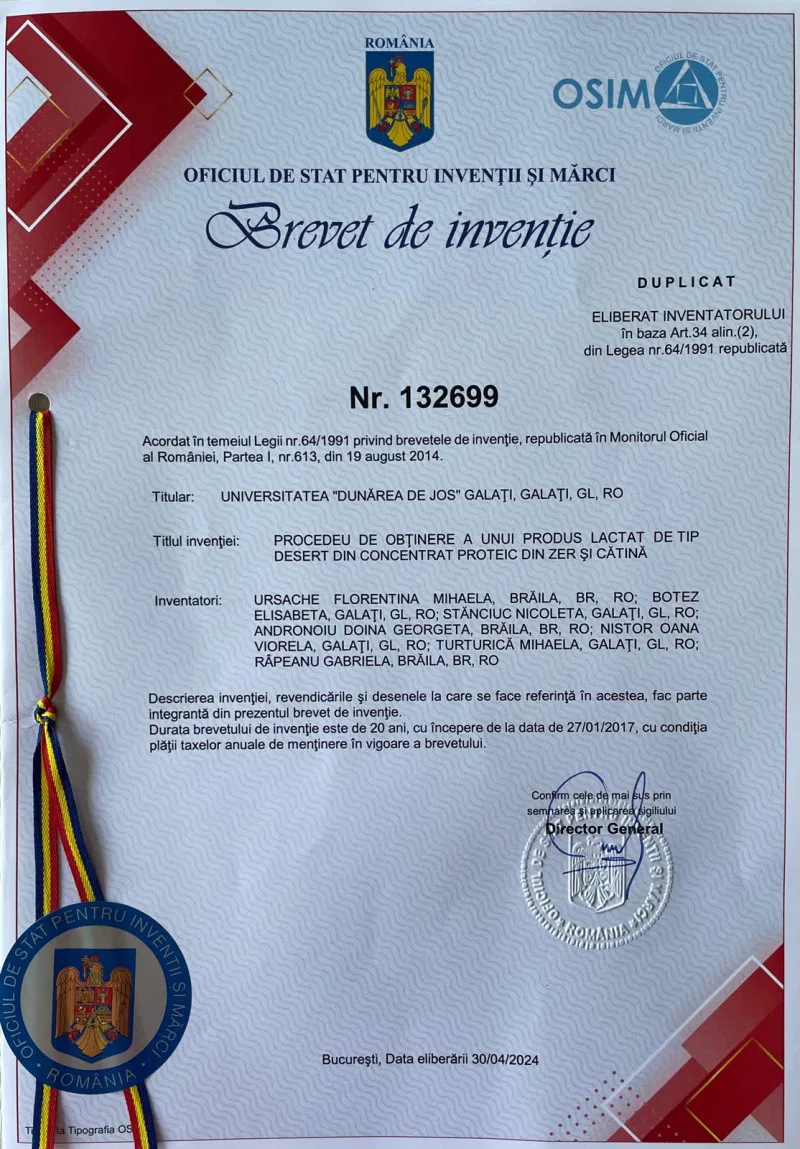 Un nou brevet de invenție la Facultatea Știința și Ingineria Alimentelor din Galați