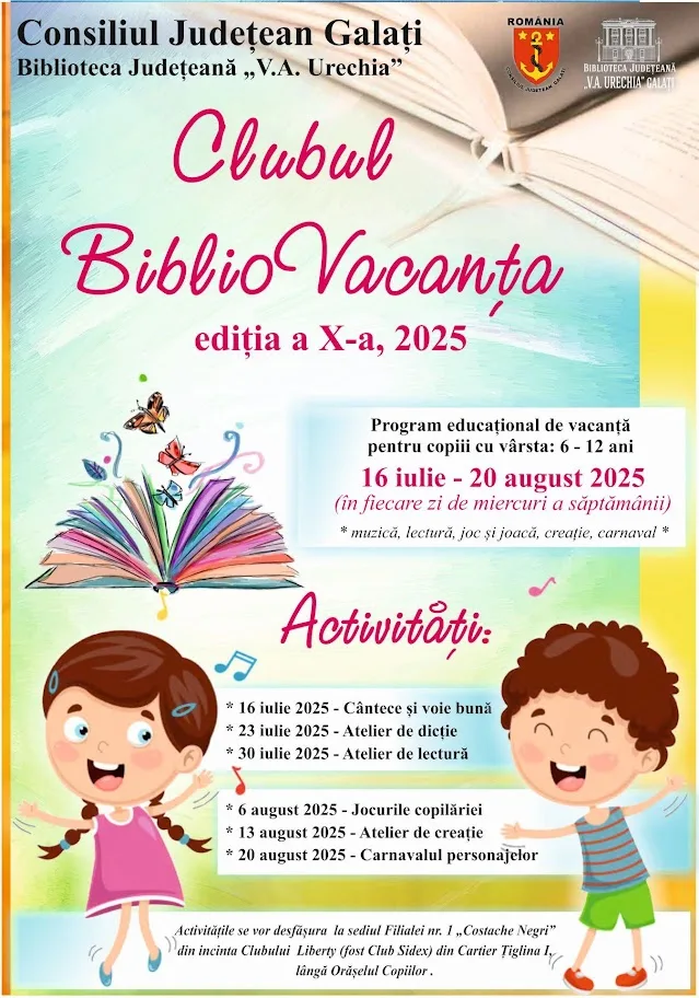 BiblioVACANȚA, program estival organizat de Biblioteca „V.A. Urechia” Galați